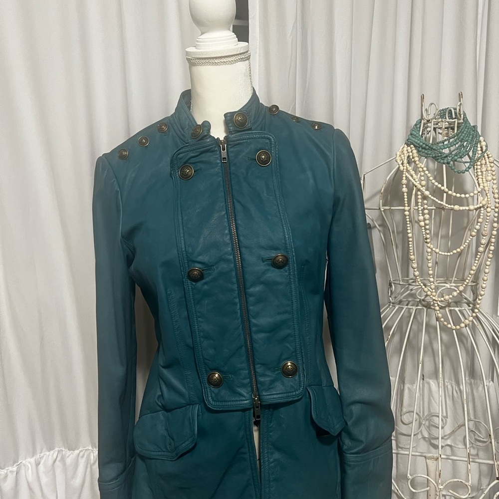 Diane von Furstenberg DVF Teal Lambskin Leather Military Moto Jacket Size 8